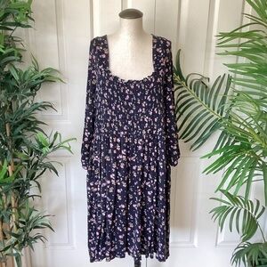 Lane Bryant 22 / 24 Smocked Black Floral 3/4 Sleeve Midi Dress